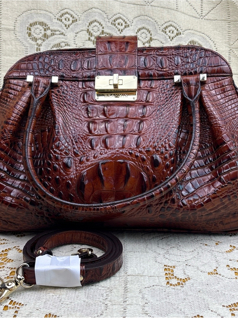 Brahmin Pecan Melbourne Brown Croc Leather Satchel Crossbody Bag